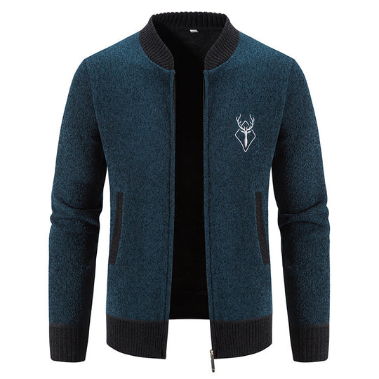 Herren nan lässiger Zip-Strickblouson mit weichem Thermofutter, geripptem Stehkragen und Hirsch-Logo EB