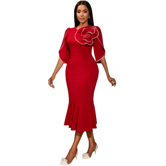 Damen figurbetontes Abendkleid mit Schößchen und voluminösem Rüschendesign EB
