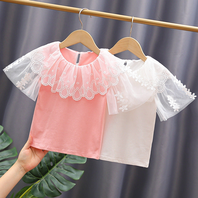 Mädchen Bluse mit Blumenstickerei und Tüllärmeln EB