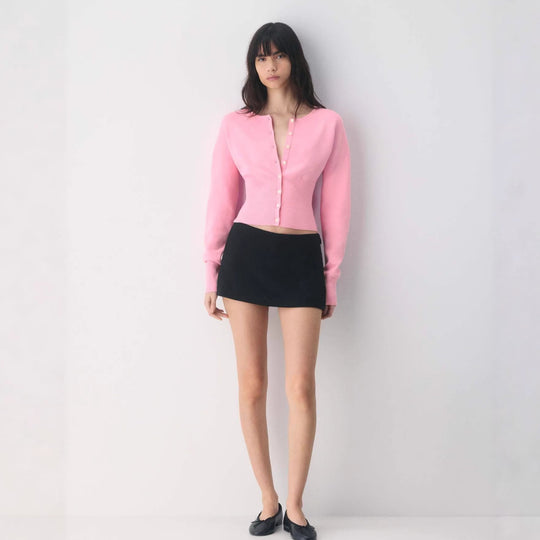 Damen Cropped Strickjacke mit Knopfleiste und Rippstrick EB