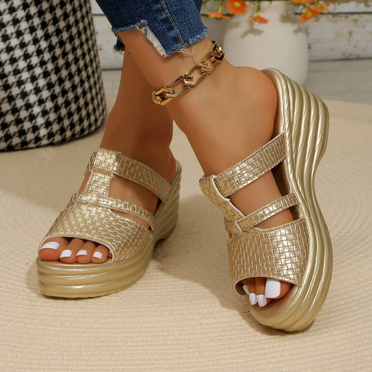 Damen Wedge-Pantoletten mit elegantem Geflecht und komfortablem Fußbett EB
