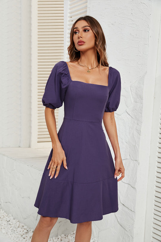 Damen Off-Shoulder Kleid mit Puffärmeln und schwingendem Rock EB
