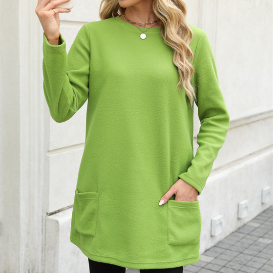 Damen nan legeres Fleece-Tunika-Kleid mit Rundhalsausschnitt und aufgesetzten Taschen EB