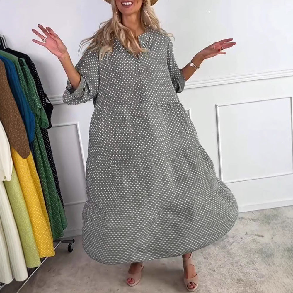 Damen nan lässiges Stufenmidikleid mit Stehkragen, verdeckter Knopfleiste und dreiviertelärmeln EB