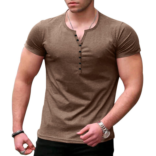 Herren Kurzarm-Henley-T-Shirt mit Knopfleiste und weichem Baumwollmaterial EB