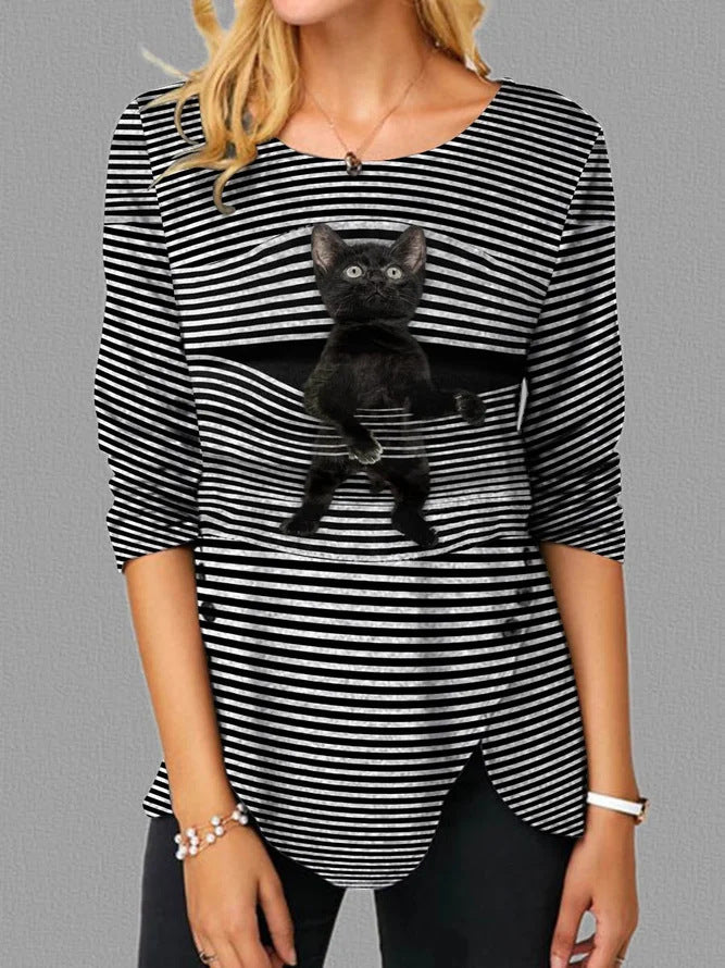 Damen lässige T-Shirt mit Katzenmotiv EB
