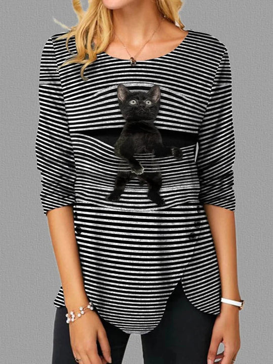 Damen lässige T-Shirt mit Katzenmotiv EB