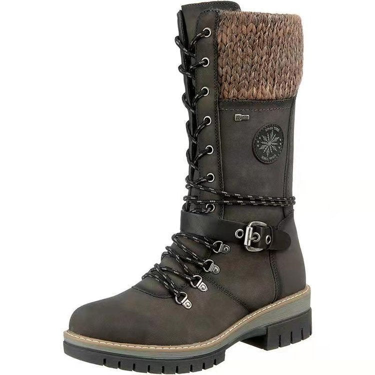Damen nan hoher Schnürstiefel mit Strickbündchen, robuster Profilsohle und seitlichem Reißverschluss EB