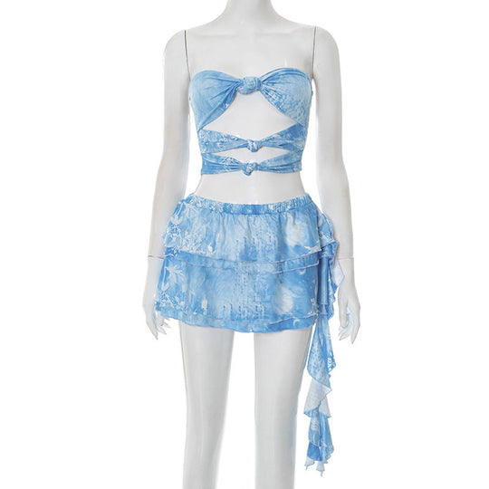 Damen Bandeau-Wickeloberteil mit verspieltem Rock und floralen Prints EB