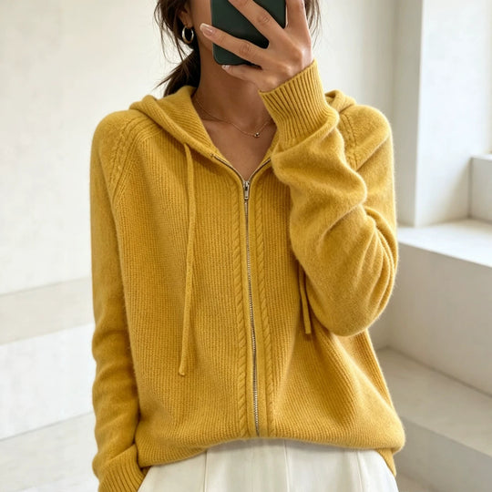Damen Kapuzen-Cardigan mit Reißverschluss, feinem Feinstrick und gerippten Bündchen EB