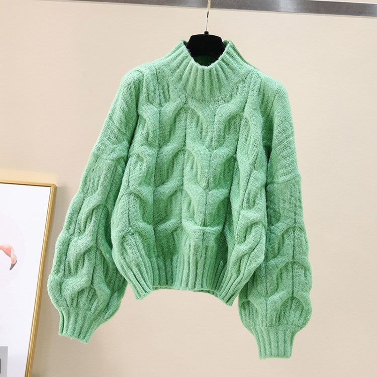 Damen kuscheliger Strickpullover mit voluminösen Ärmeln und Zopfmuster EB