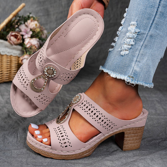 Damen modische Pantolette mit dekorativem Strassverschluss und komfortablem Blockabsatz EB