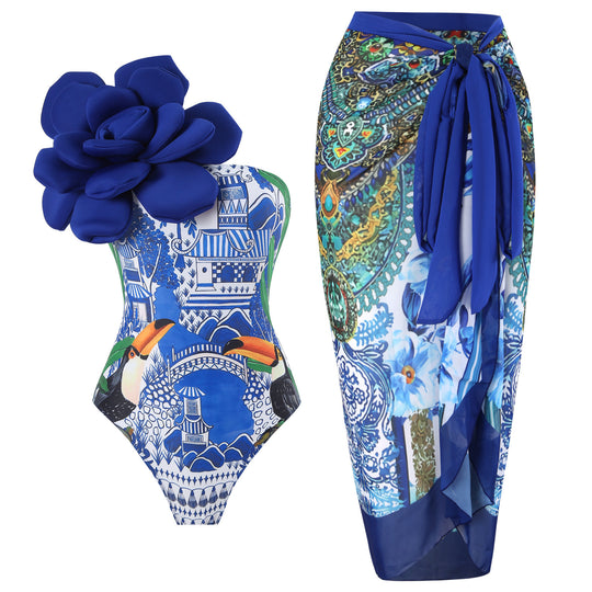 Damen Eleganter Badeanzug mit großem Blumen-Detail und transparentem Überrock EB