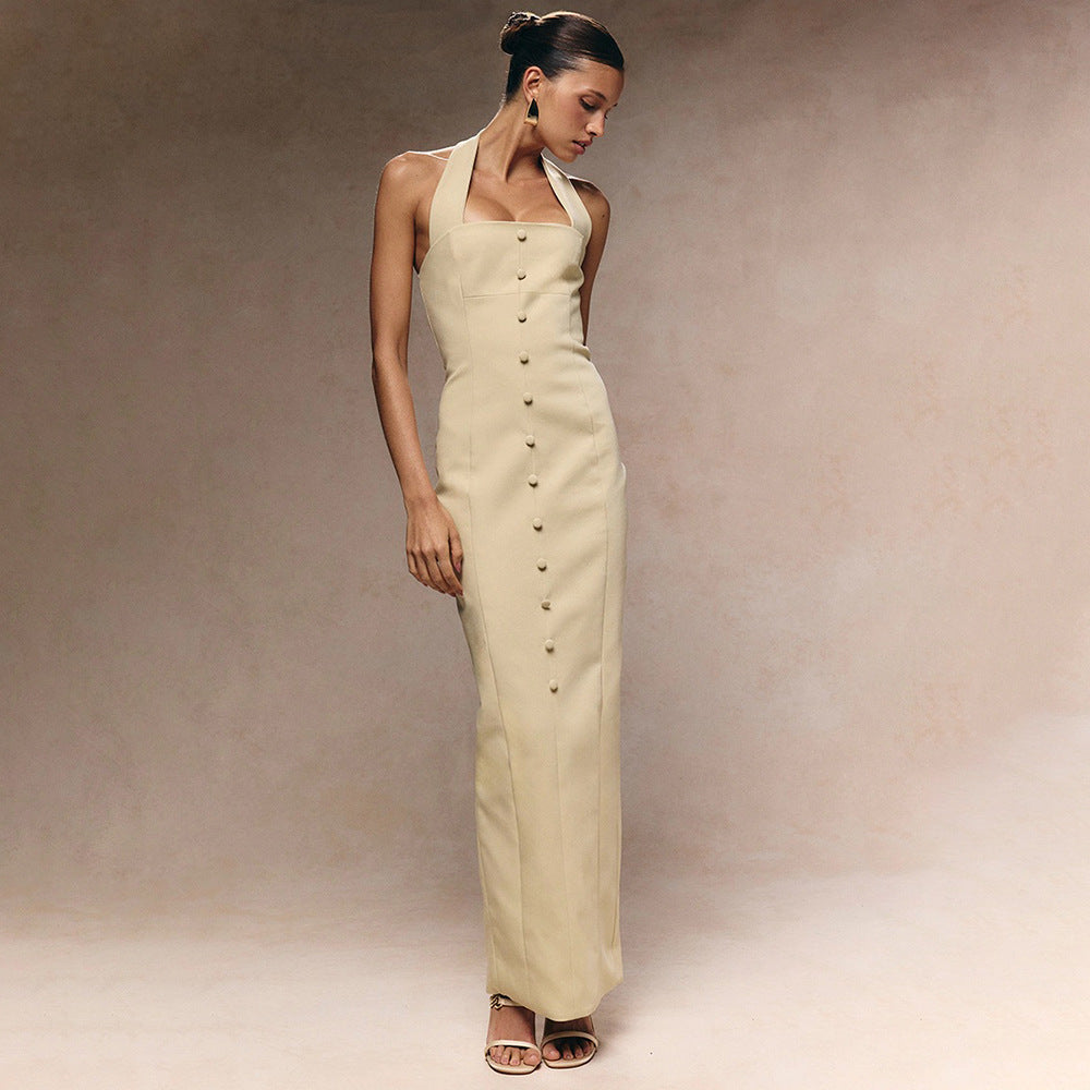 Damen Elegantes Maxikleid mit Halfter-Ausschnitt und raffinierten Knopfdetails EB