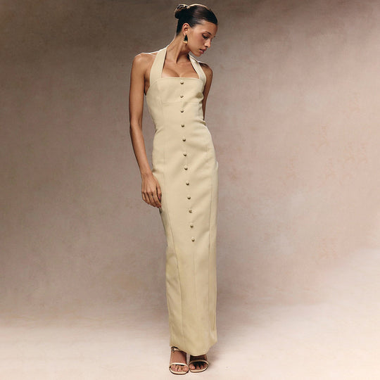 Damen Elegantes Maxikleid mit Halfter-Ausschnitt und raffinierten Knopfdetails EB