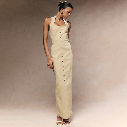 Damen Elegantes Maxikleid mit Halfter-Ausschnitt und raffinierten Knopfdetails EB