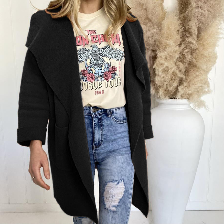 Damen Oversized Strickjacke mit weitem Revers und Taschen EB