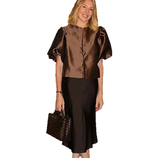 Damen Elegantes Midikleid mit strukturiertem Oberteil und voluminösen Ärmeln EB