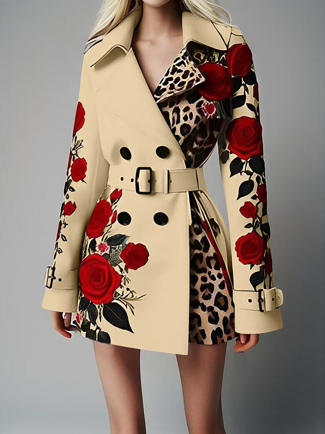 Damen Taillierter Trenchcoat mit Rosenprint und Leoparden-Innenfutter EB