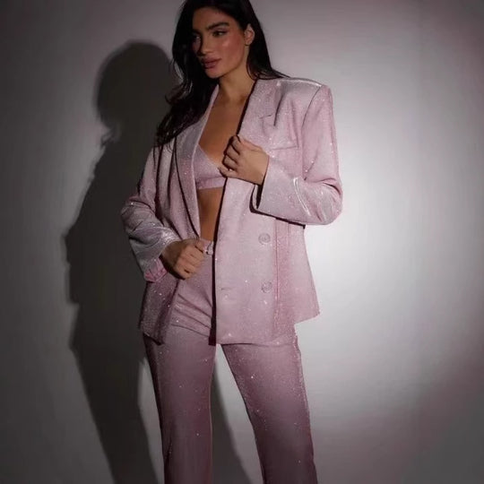 Damen Glitzerndes Anzugset mit Crop-Top und Flared Pants EB