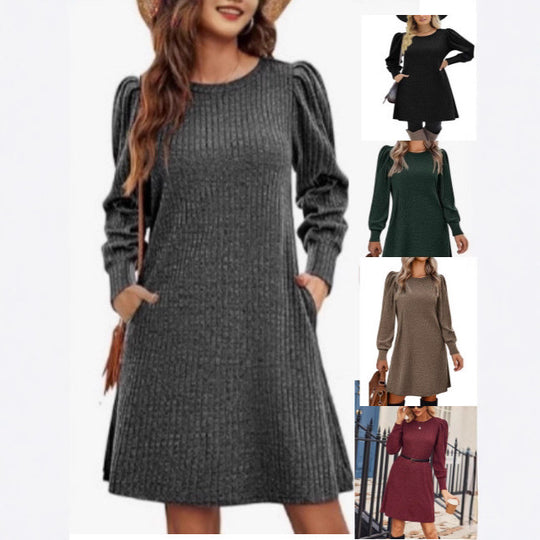 Damen nan gestricktes A-Linien Strickkleid mit Puffärmeln EB