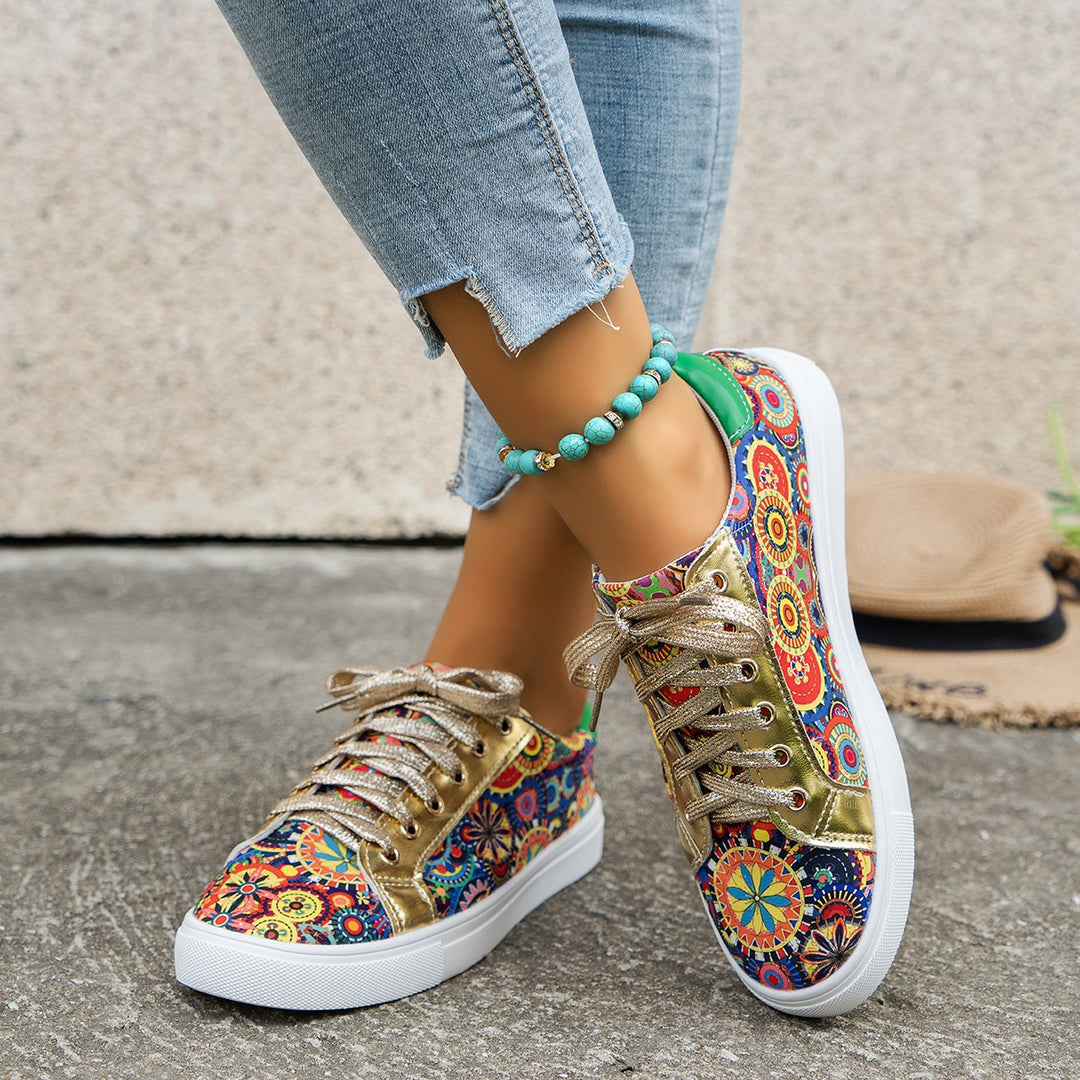 Damen Sportliche Sneakers mit buntem Ethno-Muster und goldenem Glitzer EB