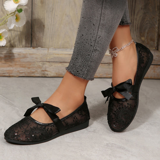Damen Elegante Spitzenschuhe mit dekorativen Schleifen und funkelnden Akzenten EB