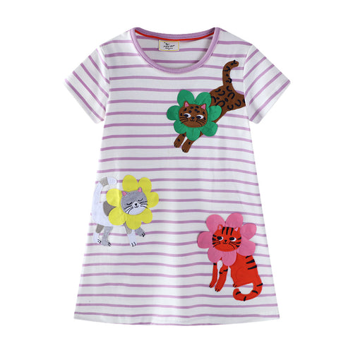 Mädchen Baumwollkleid mit gestickten Tiermotiven und Blumenapplikationen EB