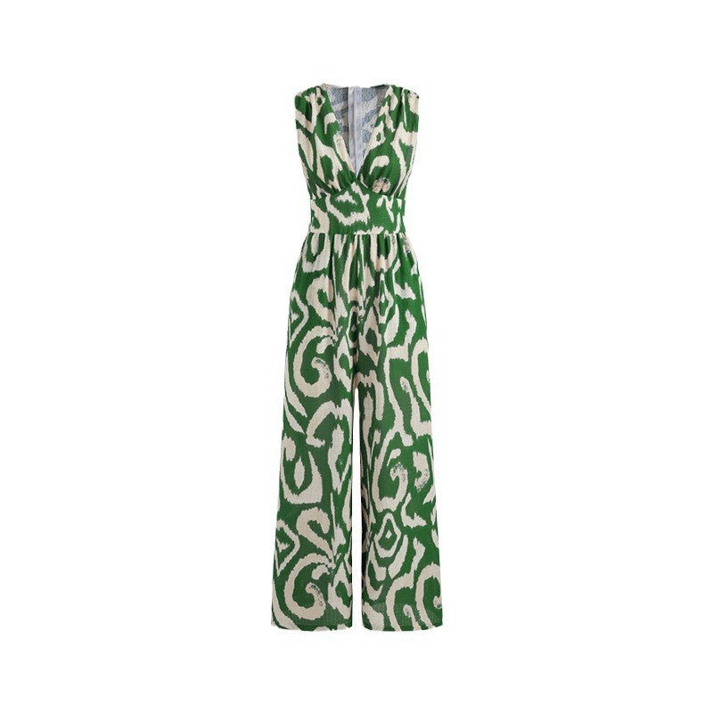 Damen Modischer Maxijumpsuit mit tiefem V-Ausschnitt und elastischem Taillengürtel EB