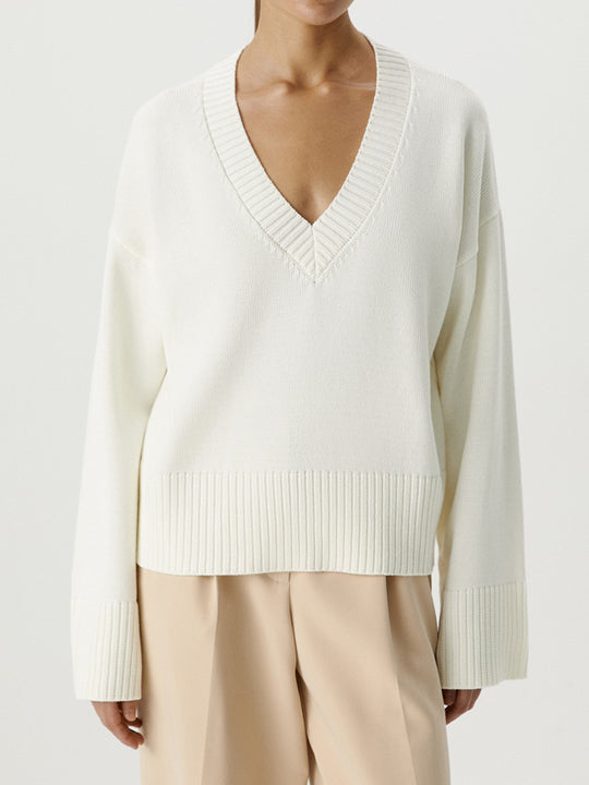 Damen Strickpullover mit tiefem V-Ausschnitt und lässigem Schnitt EB