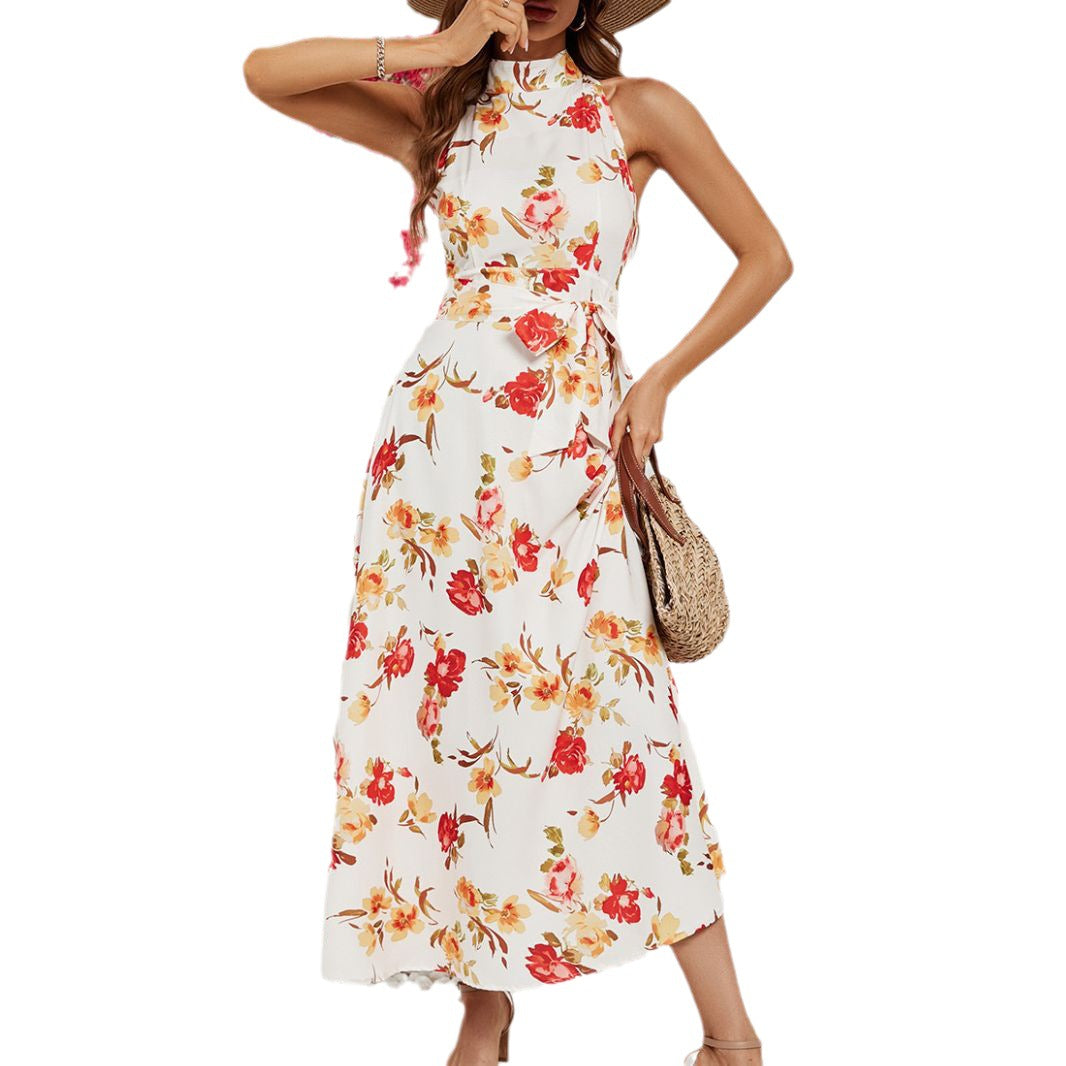 Damen Maxikleid mit hochgeschlossenem Design und floralem Gürtel EB
