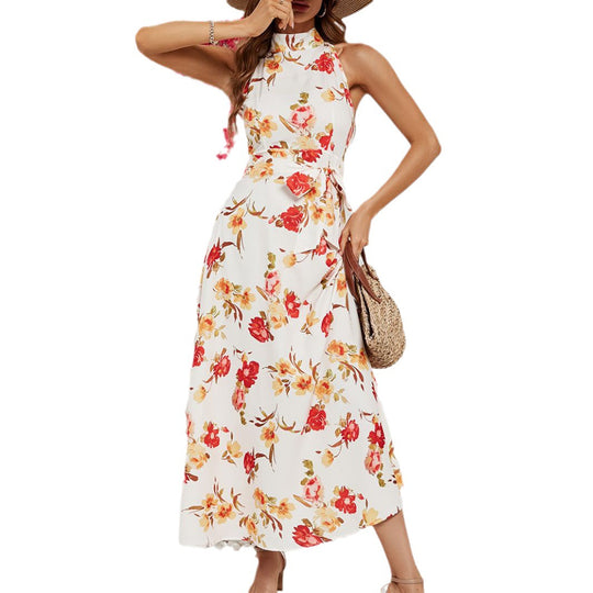 Damen Maxikleid mit hochgeschlossenem Design und floralem Gürtel EB