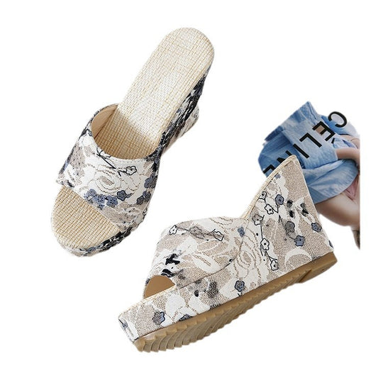 Damen Florale Brokat-Mules mit geflochtenem Jute-Plateau und ergonomischem Komfortfußbett EB