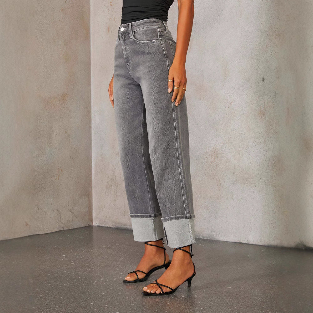 Damen Weite Jeans im modernen cropped Stil mit Kontrastabschlüssen EB