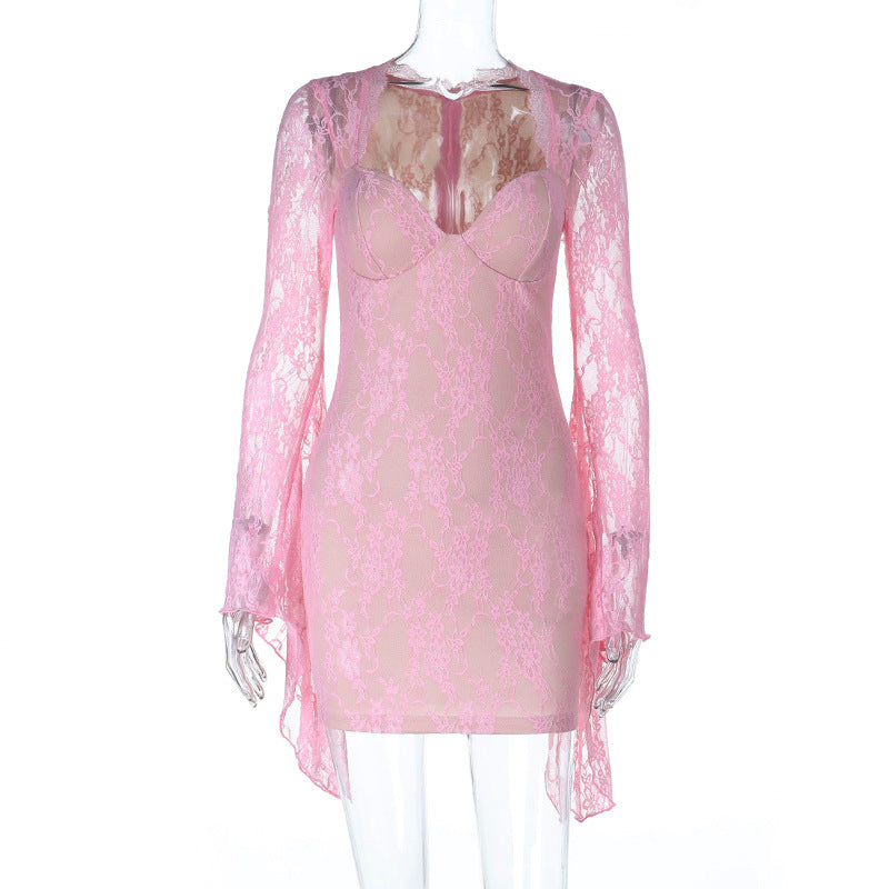 Damen Spitzenkleid mit transparenten Ärmeln EB