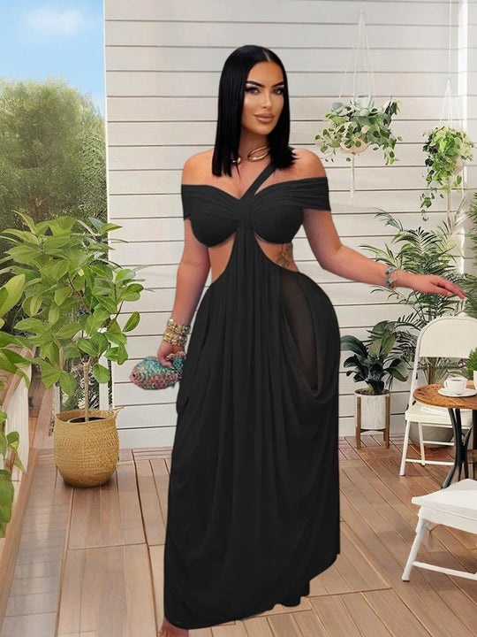 Damen Elegantes Maxikleid mit asymmetrischem Schnitt und schulterfreiem Design EB