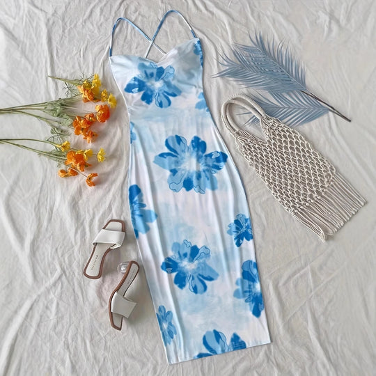 Damen figurbetontes Maxikleid mit attraktiven Spaghettiträgern und floralen Mustern EB