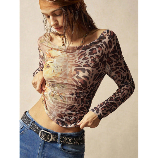 Damen Langarmshirt mit raffiniertem Raffungseffekt und animalischem Druck EB