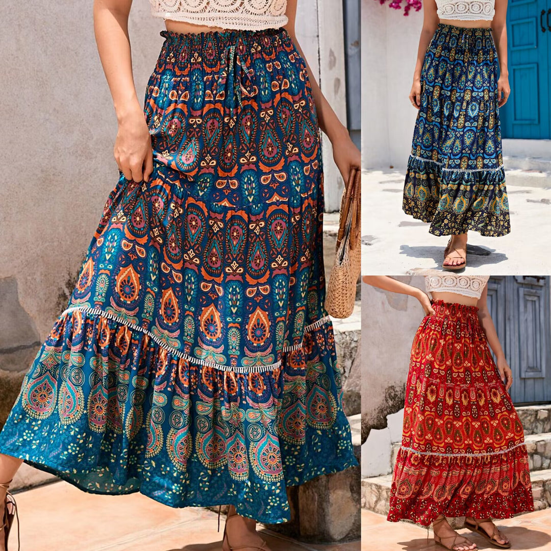 Damen nan Maxirock im Boho‑Stil mit Stufen, gerafftem Elastikbund und Paisley‑Print EB