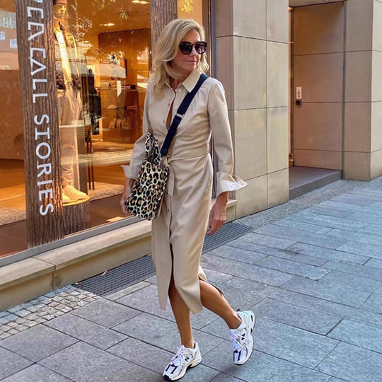 Damen Hemdblusenkleid mit eleganter Taillierung und durchgehendem Knopfverschluss Heidi-Mode