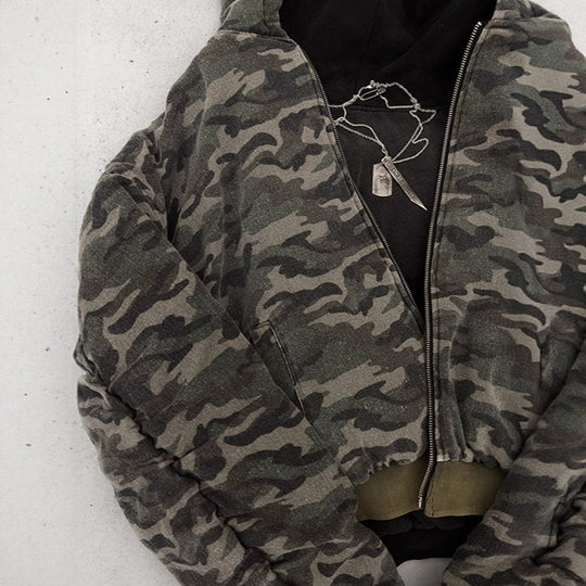 Damen Oversized Camouflage-Jacke mit Kapuze und Reißverschluss EB