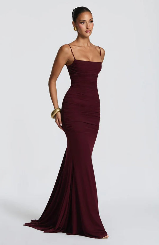 Damen Elegantes Tailliertes Maxikleid mit Raffungen EB