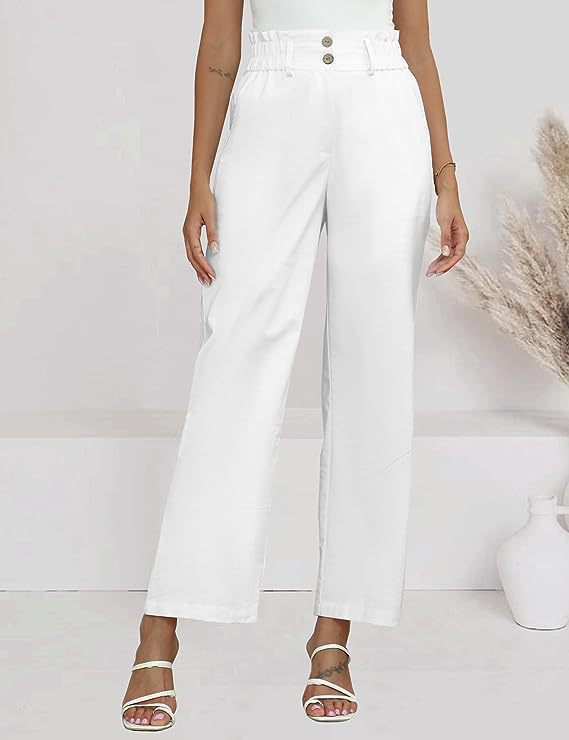 Damen weite Stoffhose mit elastischem Bund und modischen Knopfdetails EB