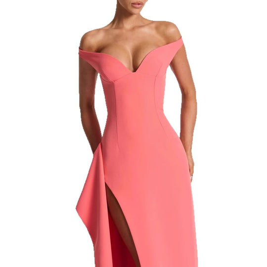 Damen Elegantes Maxikleid mit schulterfreiem Design und hohem Schlitz EB