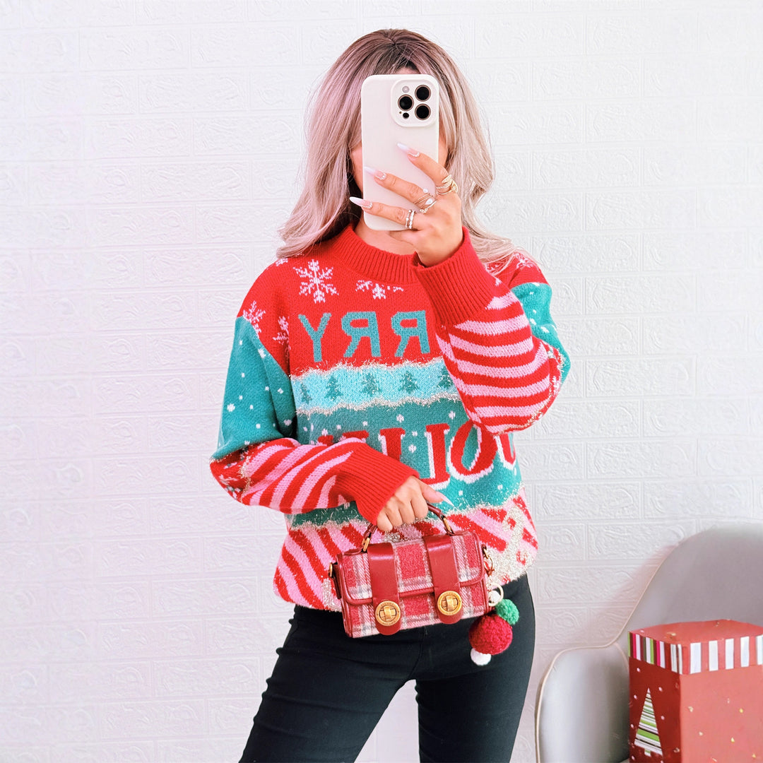 Damen festlicher Strickpullover mit kreativem Weihnachtsdesign EB