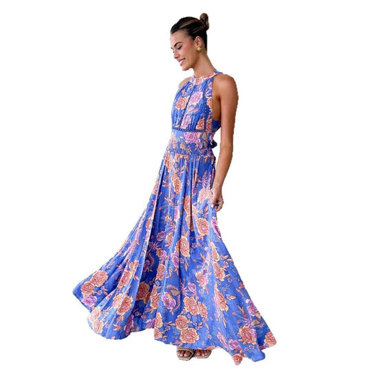Damen Maxikleid mit elegantem Halterneck und buntem floralen Design EB