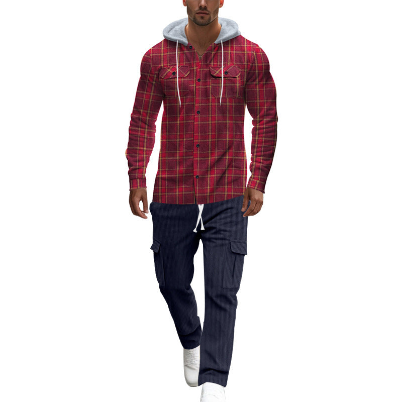 Herren gemusterte Kapuzenshirtjacke mit karierter Struktur und praktischen Taschen EB