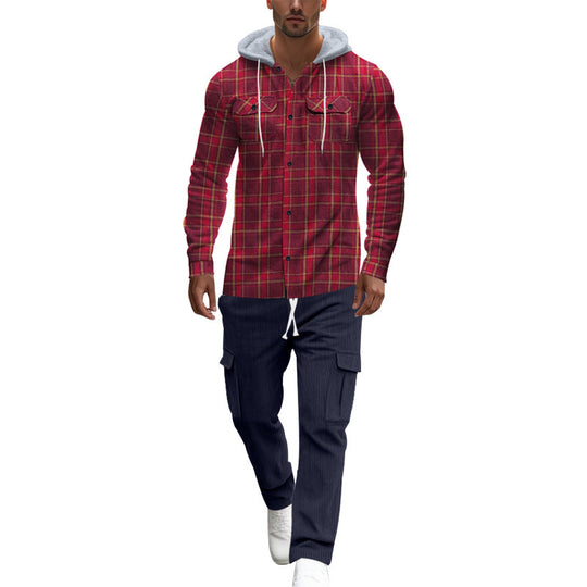 Herren gemusterte Kapuzenshirtjacke mit karierter Struktur und praktischen Taschen EB