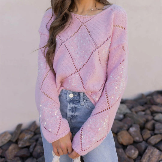 Damen Grobgestrickter Oversize-Pullover mit Ajour‑Rautenmuster und Pailletten EB