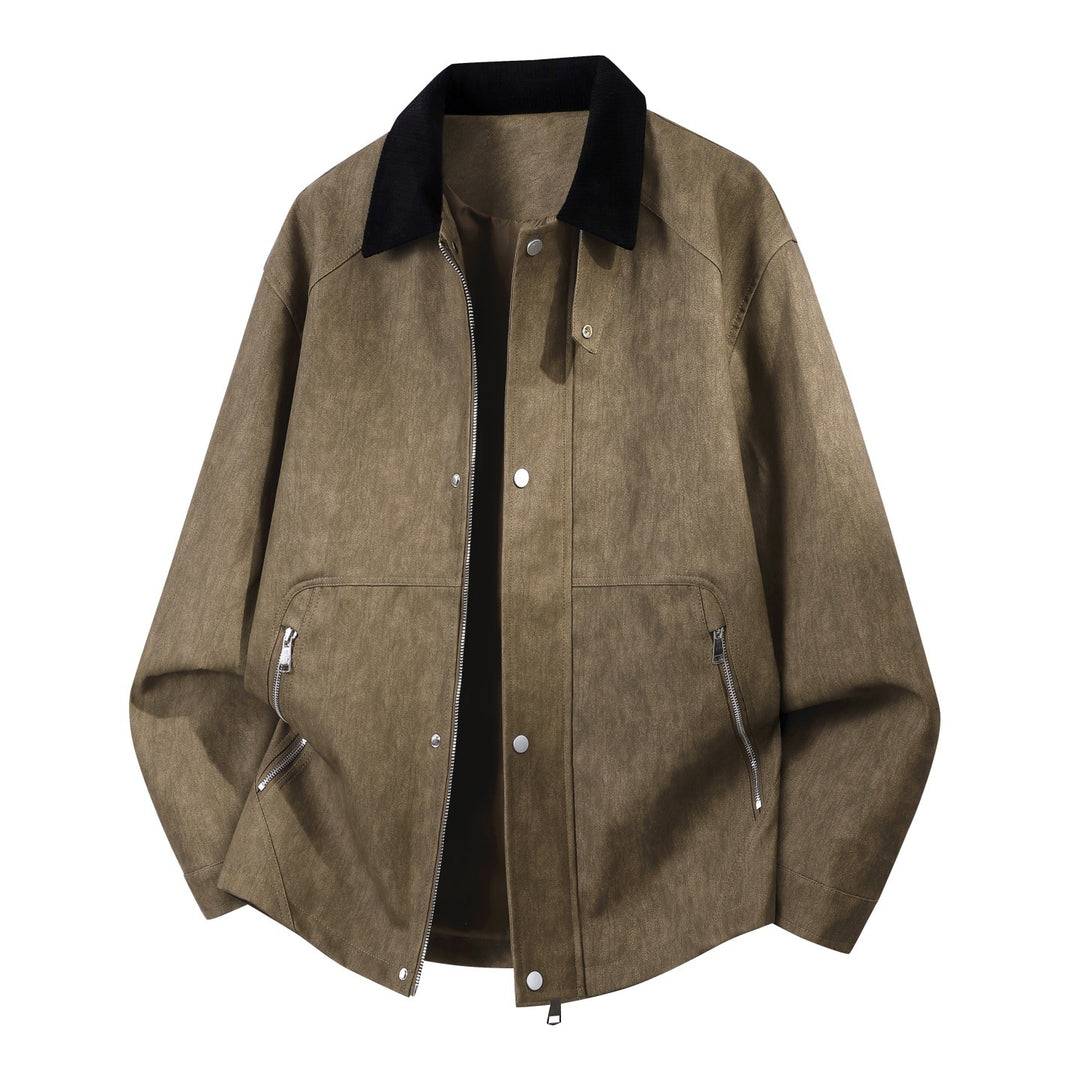 Herren Oversized Lederimitat-Harringtonjacke mit Cordkragen und verdecktem Zwei-Wege-Reißverschluss EB